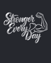 Stronger Every Day script wall art with flexed-arm icon in mirror silver chrome acrylic, mounted above a dumbbell rack.