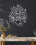 Kamal lotus wall art in mirror chrome silver acrylic — the Hindi word Kamal beneath a stylised lotus inside a vine-and-leaf arch, float-mounted on a neutral wall