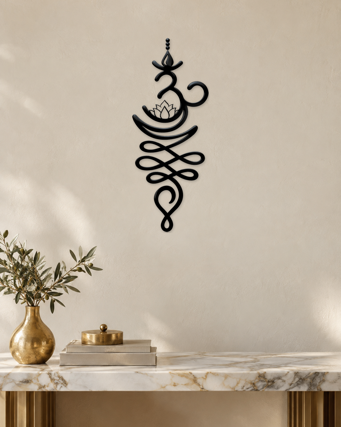 Unalome and lotus line wall art in gloss piano black acrylic, float-mounted on a pale wall.