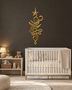 Unalome and lotus line wall art in mirror gold acrylic, catching warm light against a pale wall.