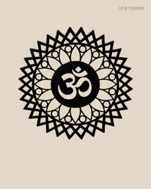 Gloss black acrylic Om sunburst mandala wall art, float-mounted on a pale wall with layered petal and diamond rings around the central Om symbol