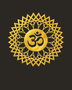 Mirror gold acrylic Om mandala wall art with geometric sunburst rings, float-mounted and catching warm light on a neutral wall