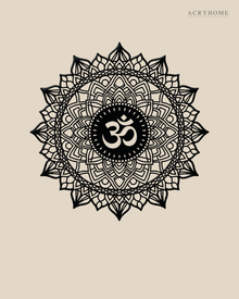 Om lotus mandala acrylic wall art in gloss piano black, float-mounted on a light ivory wall