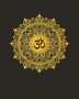 Om lotus mandala acrylic wall art in mirror gold, float-mounted on a dark espresso wall