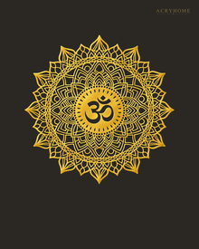 Om lotus mandala acrylic wall art in mirror gold, float-mounted on a dark espresso wall