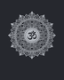 Om lotus mandala acrylic wall art in mirror silver, float-mounted on a cool graphite wall