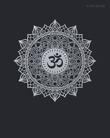 Om lotus mandala acrylic wall art in mirror silver, float-mounted on a cool graphite wall