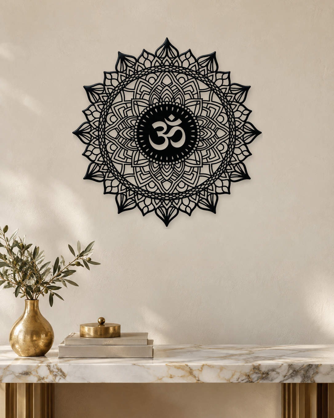 Om lotus mandala acrylic wall art in gloss piano black, float-mounted on a light ivory wall