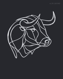 Mirror silver acrylic bull line-art wall piece standing off a neutral wall.
