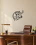 Bull's head drawn as one continuous line, laser-cut in gloss piano black acrylic and float-mounted on a pale wall.