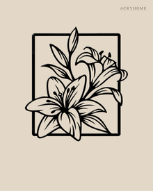 Lily line art wall piece in gloss piano black acrylic, stems and long leaves crossing a thin rectangular frame, float-mounted on a pale wall.