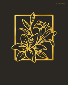 Lily line art wall piece in mirror gold acrylic, fine stems and leaves breaking past a slim rectangular frame, float-mounted above a console.
