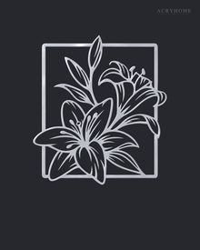 Lily line art wall piece in mirror silver acrylic, leaves reaching beyond a thin rectangular frame, float-mounted so the line lifts off the wall.