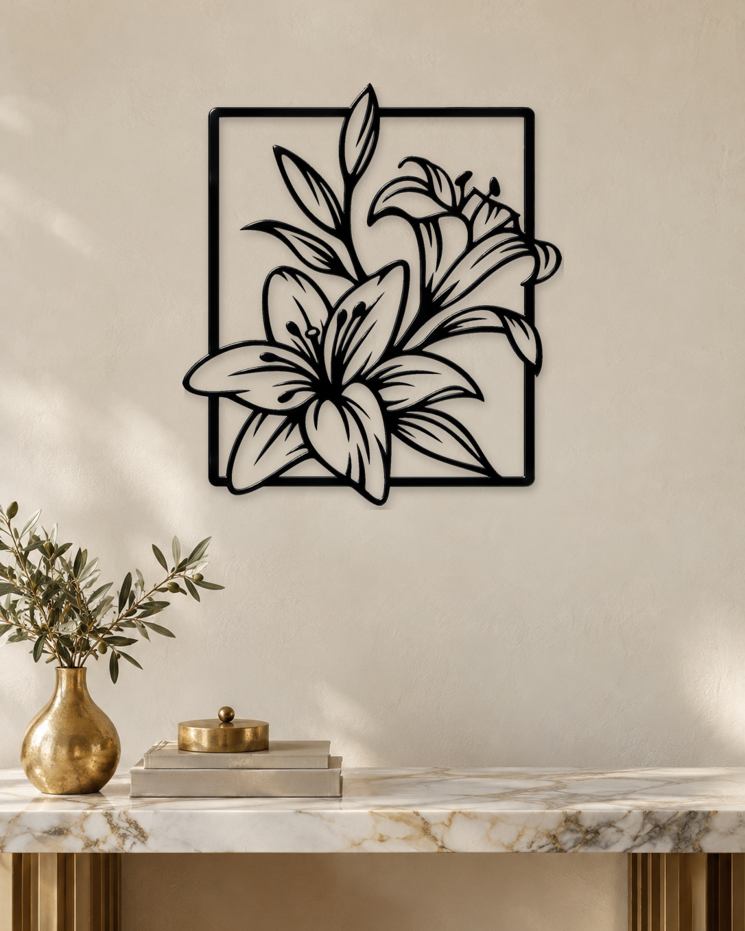 Lily line art wall piece in gloss piano black acrylic, stems and long leaves crossing a thin rectangular frame, float-mounted on a pale wall.