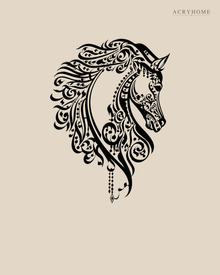 Calligraphic Horse — Arabic Zoomorphic Acrylic Wall Art in gloss piano black acrylic, float-mounted on a warm ivory wall