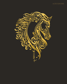 Calligraphic Horse — Arabic Zoomorphic Acrylic Wall Art in mirror gold acrylic, float-mounted on a deep charcoal wall