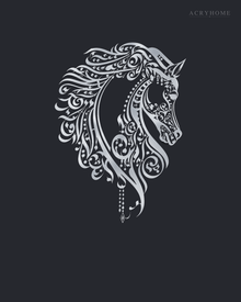 Calligraphic Horse — Arabic Zoomorphic Acrylic Wall Art in mirror silver acrylic, float-mounted on a deep graphite wall