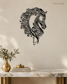 Calligraphic Horse — Arabic Zoomorphic Acrylic Wall Art in gloss piano black acrylic, float-mounted on a warm ivory wall
