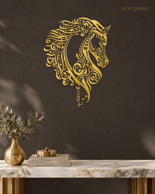 Calligraphic Horse — Arabic Zoomorphic Acrylic Wall Art in mirror gold acrylic, float-mounted on a deep charcoal wall