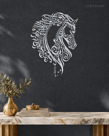 Calligraphic Horse — Arabic Zoomorphic Acrylic Wall Art in mirror silver acrylic, float-mounted on a deep graphite wall