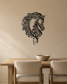 Calligraphic Horse — Arabic Zoomorphic Acrylic Wall Art in gloss piano black acrylic, float-mounted on a warm ivory wall