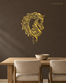 Calligraphic Horse — Arabic Zoomorphic Acrylic Wall Art in mirror gold acrylic, float-mounted on a deep charcoal wall