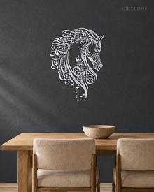 Calligraphic Horse — Arabic Zoomorphic Acrylic Wall Art in mirror silver acrylic, float-mounted on a deep graphite wall