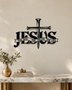 JESUS wall art in gloss piano black acrylic, heavy block letters with a cross and nails set into the lettering and a banner beneath reading The Way, The Truth, The Life, float-mounted on a pale wall