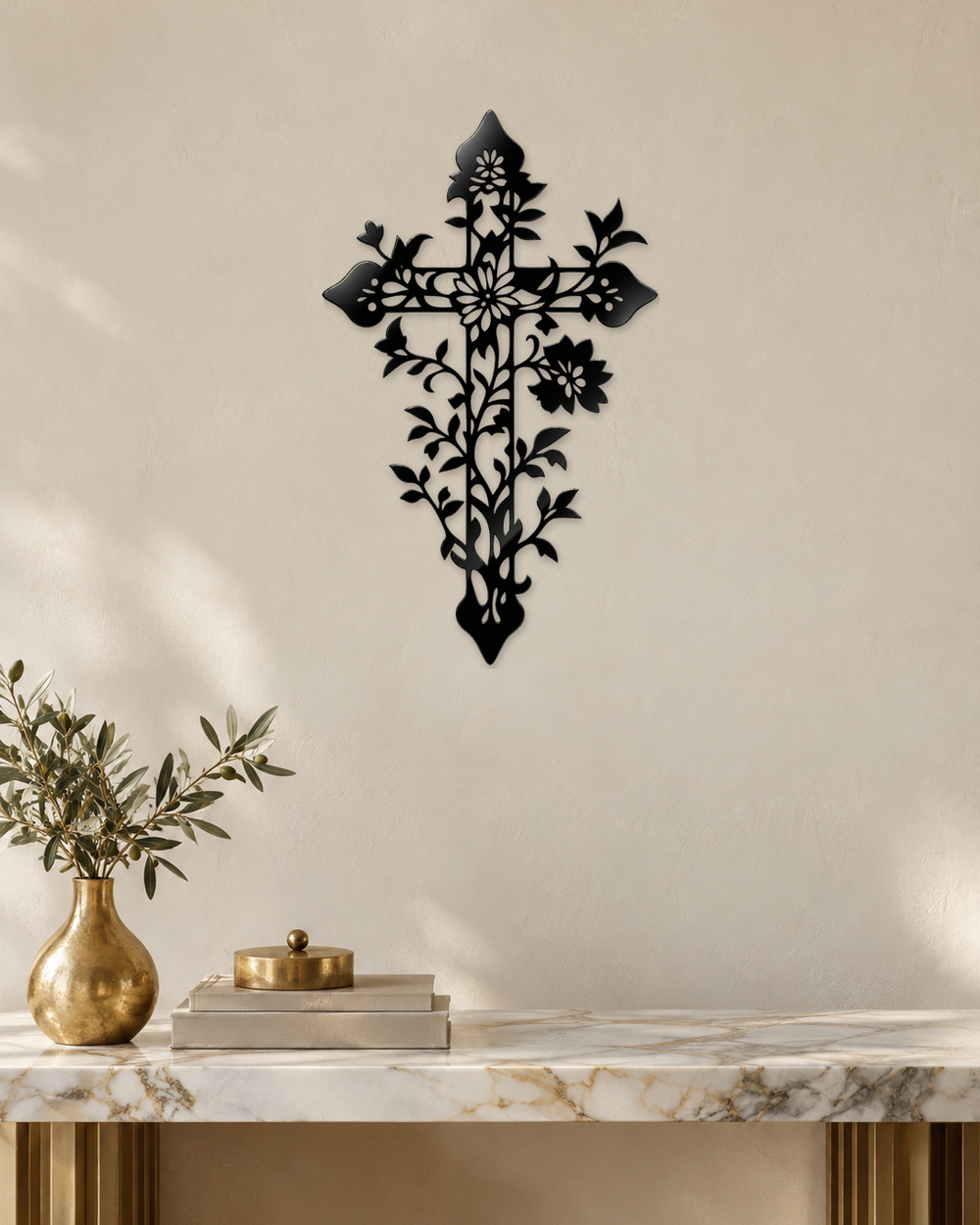 Floral filigree cross wall art in gloss piano black acrylic, float-mounted on a pale wall