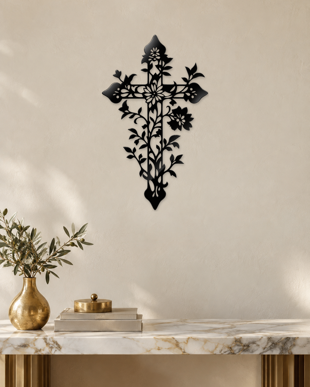 Floral filigree cross wall art in gloss piano black acrylic, float-mounted on a pale wall