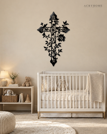 Floral filigree cross wall art in gloss piano black acrylic, float-mounted on a pale wall