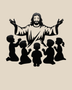 Silhouette of Jesus with arms outstretched above kneeling children, laser-cut in gloss piano black acrylic and float-mounted on a pale wall.