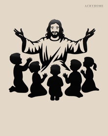 Silhouette of Jesus with arms outstretched above kneeling children, laser-cut in gloss piano black acrylic and float-mounted on a pale wall.