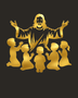 Silhouette of Jesus with arms outstretched above kneeling children, laser-cut in mirror gold acrylic and float-mounted on a pale wall.