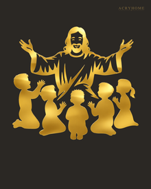 Silhouette of Jesus with arms outstretched above kneeling children, laser-cut in mirror gold acrylic and float-mounted on a pale wall.