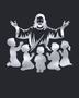 Silhouette of Jesus with arms outstretched above kneeling children, laser-cut in mirror silver acrylic and float-mounted on a pale wall.