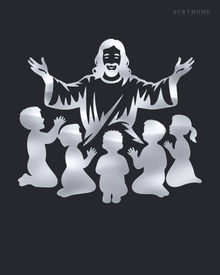 Silhouette of Jesus with arms outstretched above kneeling children, laser-cut in mirror silver acrylic and float-mounted on a pale wall.