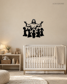 Silhouette of Jesus with arms outstretched above kneeling children, laser-cut in gloss piano black acrylic and float-mounted on a pale wall.
