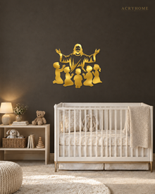 Silhouette of Jesus with arms outstretched above kneeling children, laser-cut in mirror gold acrylic and float-mounted on a pale wall.