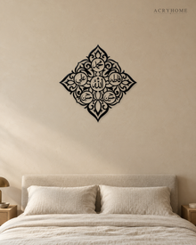 Panjtan Pak Ornate Diamond Acrylic Wall Art in gloss piano black acrylic, float-mounted on a warm ivory wall
