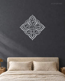 Panjtan Pak Ornate Diamond Acrylic Wall Art in mirror silver acrylic, float-mounted on a deep graphite wall
