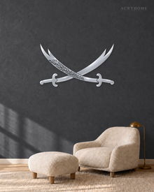 Zulfiqar Crossed Swords Acrylic Wall Art with Inscription in mirror silver acrylic, float-mounted on a deep graphite wall