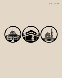 Three Holy Mosques Roundels — Acrylic Islamic Wall Art in gloss piano black acrylic, float-mounted on a warm ivory wall