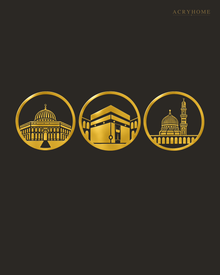 Three Holy Mosques Roundels — Acrylic Islamic Wall Art in mirror gold acrylic, float-mounted on a deep charcoal wall