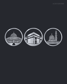 Three Holy Mosques Roundels — Acrylic Islamic Wall Art in mirror silver acrylic, float-mounted on a deep graphite wall