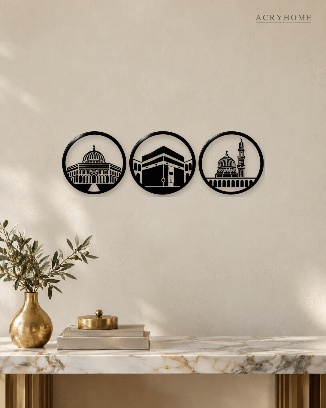 Three Holy Mosques Roundels — Acrylic Islamic Wall Art in gloss piano black acrylic, float-mounted on a warm ivory wall