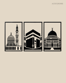 Set of Three Mosque Panels Islamic Wall Art in gloss piano black acrylic, float-mounted on a pale ivory wall.