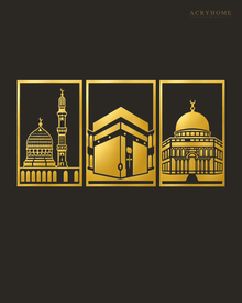 Set of Three Mosque Panels Islamic Wall Art in mirror gold acrylic, float-mounted on a deep charcoal wall.