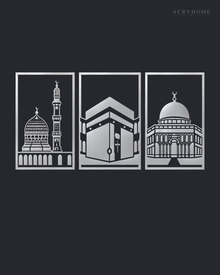 Set of Three Mosque Panels Islamic Wall Art in mirror silver acrylic, float-mounted on a deep graphite wall.