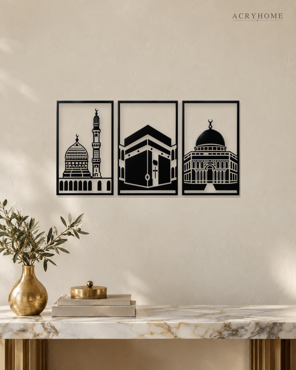 Set of Three Mosque Panels Islamic Wall Art in gloss piano black acrylic, float-mounted on a pale ivory wall.